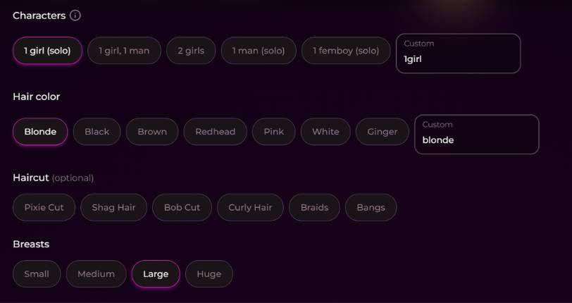 step 3 - select characters, hair color, haircut and breasts