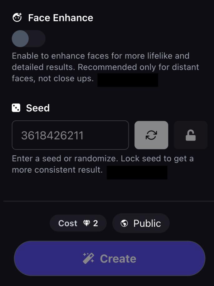 step 4 - select face enhance, seed, public or private, create