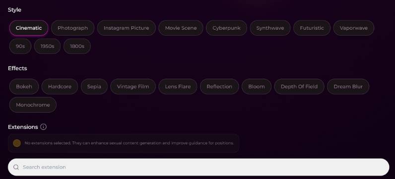 step 5 - select style, effects and extensions