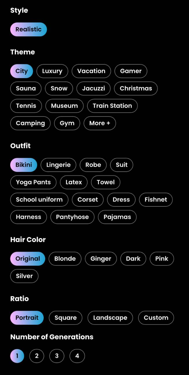 step4 - set theme, outfit, hair color, ratio, number of generations