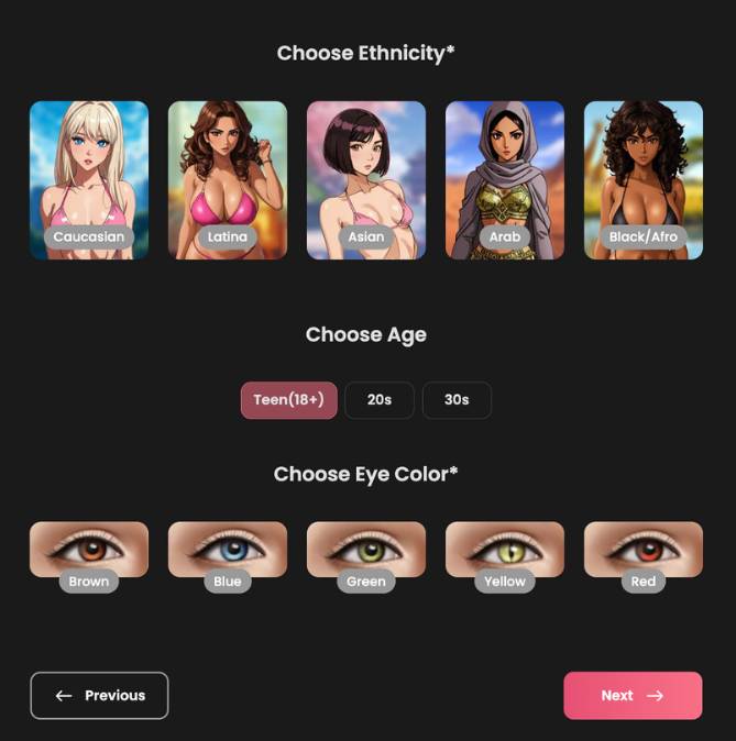 step 2 - choose ethnicity - age - eye color