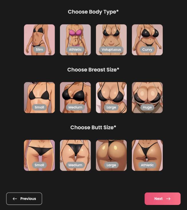 step 4 - choose body type - breast size - butt size