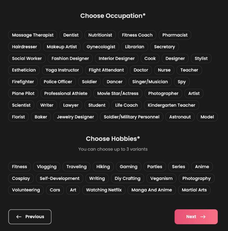 step 6 - choose occupation and hobbies