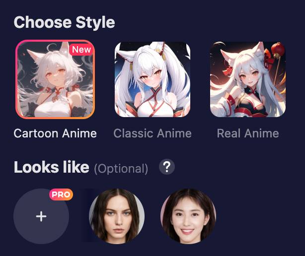 step2 - choose anime style and looks like