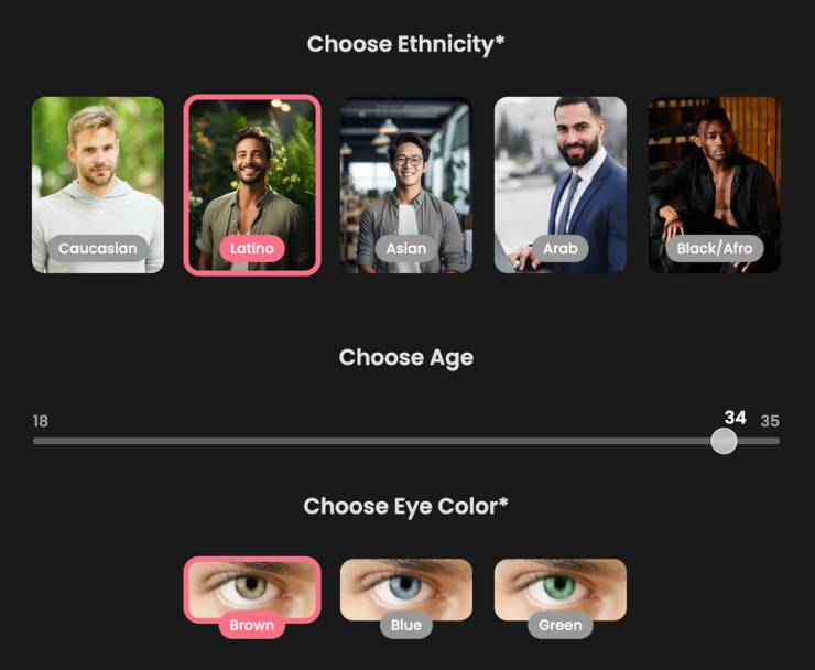 step2 - choose ethnicity, age and eye color