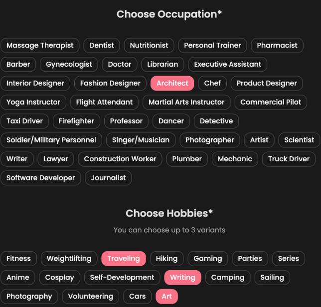step6 - choose occupation and hobbies