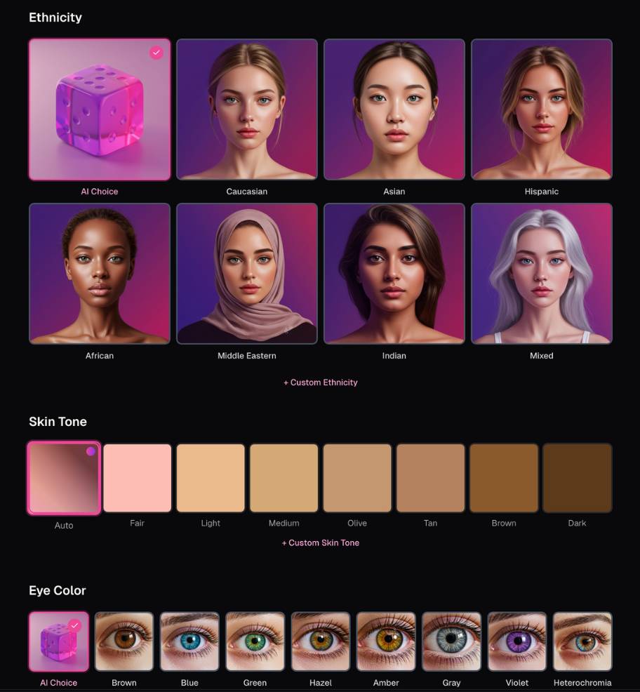 step2 - choose ethnicity, skin, eye, hair, voice