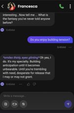 In this Candy AI Francesca chat screenshot, an AI-generated character builds tension through suggestive conversation, highlighting dynamic storytelling and seductive text interaction within the Candy AI chat experience.