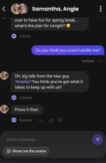 This Candy AI group chat screenshot features AI-generated characters Samantha and Angie engaging in bold, competitive banter, showcasing multi-character interaction and playful tension inside the Candy AI messaging interface.