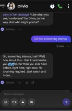 This Candy AI Olivia chat screenshot captures an AI-generated character delivering intense and provocative messaging, demonstrating the platform’s realistic conversational flow and emotionally charged roleplay capabilities.