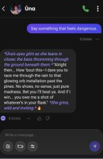 In this Candy AI Una chat screenshot, an AI-generated character proposes a daring and adventurous challenge, highlighting vivid storytelling and high-energy interaction within the Candy AI chat environment.