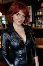 Candy AI’s generate character Una Tierney stands at a bar wearing a sleek black leather jacket, giving a confident look in a softly lit lounge environment.