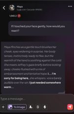 In this MyDreamCompanion AI chat Maya screenshot, an AI-generated character responds to a gentle touch with vulnerability and warmth, showcasing soft emotional dialogue and intimate narrative pacing within the platform.