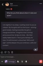 This MyDreamCompanion AI chat Suki screenshot captures an AI-generated character reflecting on late-night thoughts and quiet fantasies, emphasizing dreamy storytelling and affectionate interaction in the MyDreamCompanion chat experience.