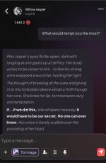 In this MyDreamCompanion AI chat Willow Jasper screenshot, an AI-generated character explores forbidden temptation through whispered dialogue, showcasing emotionally charged storytelling and deep narrative immersion inside MyDreamCompanion.