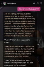 In this OurDream AI chat Quinn screenshot, an AI-generated character reacts with nervous tension during a competitive and emotionally charged conversation, emphasizing realism and dynamic storytelling in the OurDream chat experience.