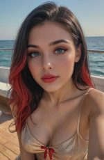 This OurDream Ellie generated image shows the AI character posing on a yacht deck, wearing a gold-toned top with the ocean stretching behind her.