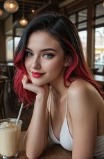 This OurDream Ellie generated image shows the AI character seated in a café, resting her chin on her hand with a drink placed on the table.