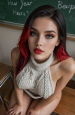 In this OurDream generated image, an ai character Ellie sits in a classroom wearing a sleeveless knit top, looking up toward the camera with a thoughtful expression.